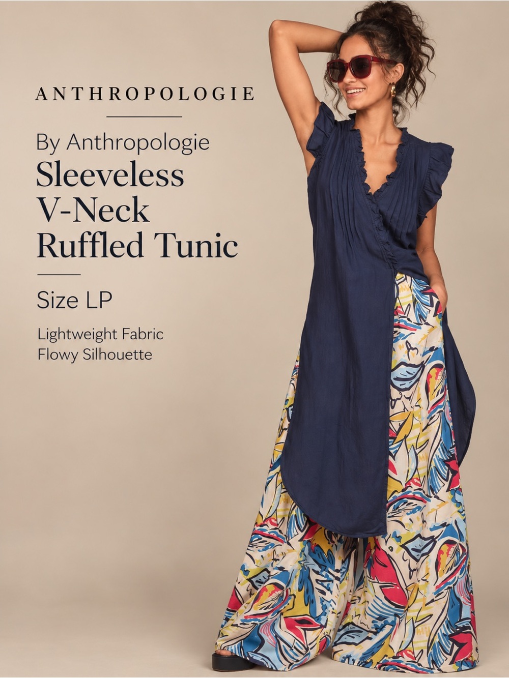 By Anthropologie Sleeveless V-Neck Long Ruffled Tunic Navy L Petite